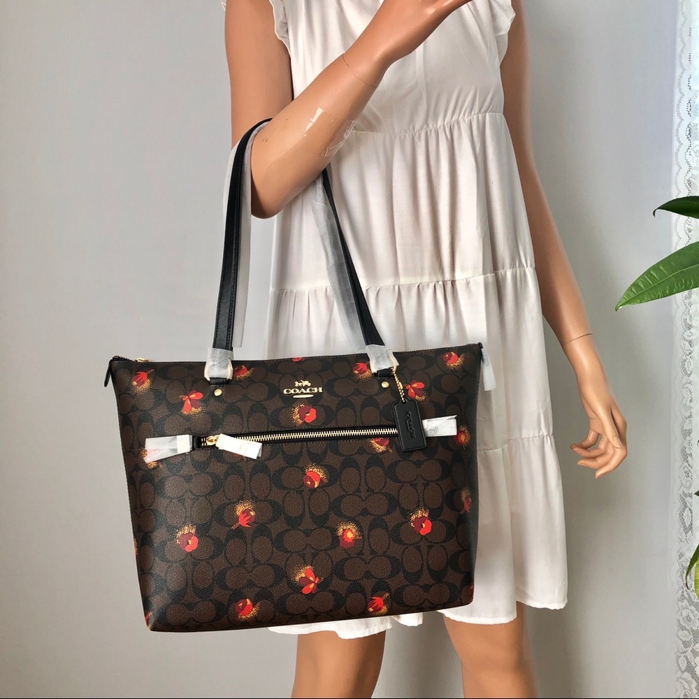 New Coach Gallery floral zip tote shoulder bag black brown multi